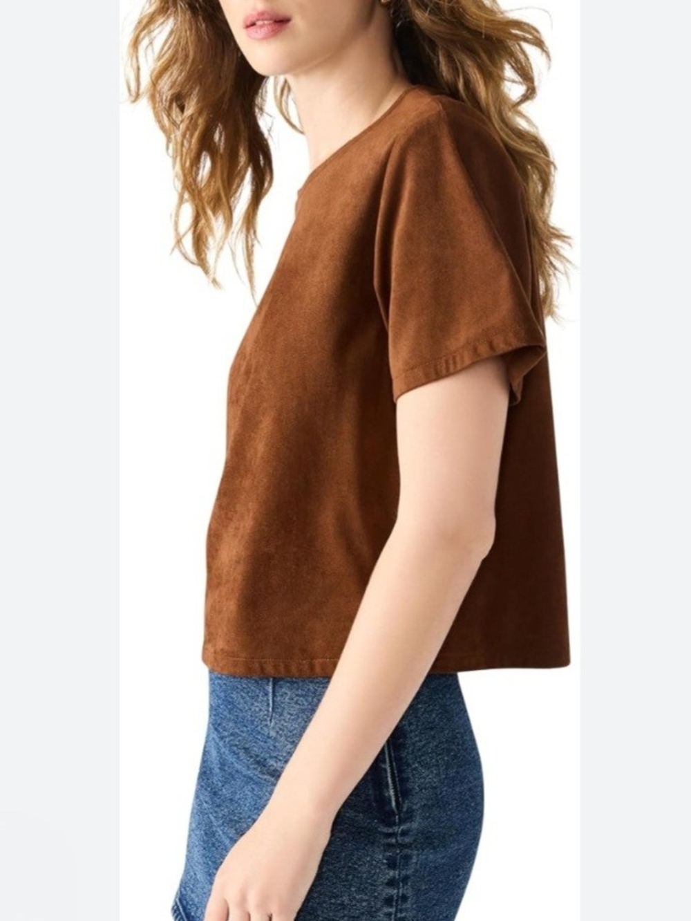 Steve Madden Suede-Look Boxy Short Sleeve Top - Brown
